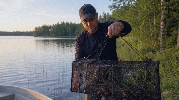 Ravustaja nostaa merkityn rapumerran suomalaisesta järvestä kesäiltana