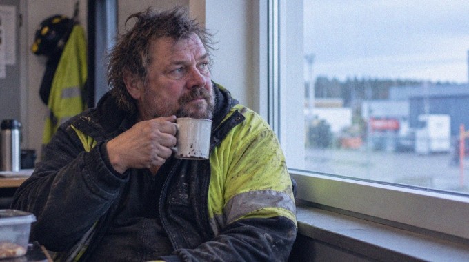 Työntekijä pitää lyhyttä taukoa ikkunan ääressä.