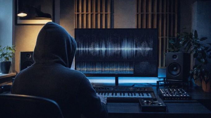 Musiikkituottaja tarkastelee ääniaaltoa nykyaikaisessa studiossa.