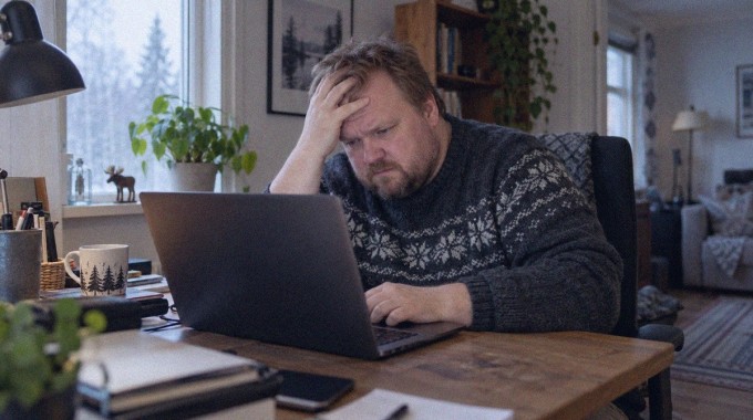 Mies käyttää kannettavaa tietokonetta kotinsa työpöydän ääressä.