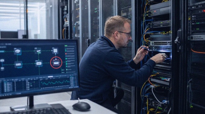 Verkon ylläpitäjä tarkistaa reitittimien ja palomuurien tietoturvaa palvelintilassa