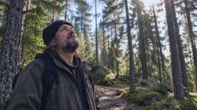 Mies pysähtyy metsäpolulla katsomaan puiden latvustoja.
