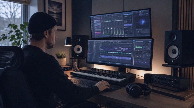 Elektronisen musiikin tuottaja työskentelee kotistudiossa.
