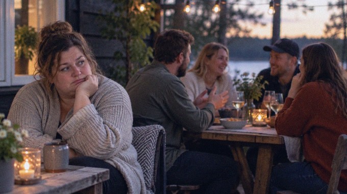 Yksi ihminen istuu hieman erillään keskustelevasta ystäväporukasta.
