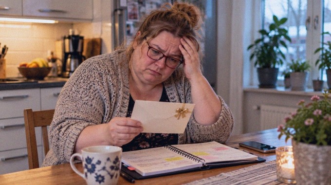Nainen pitää lahjakuorta kädessään keittiönpöydän ääressä, ja hänen edessään on avoin kalenteri.