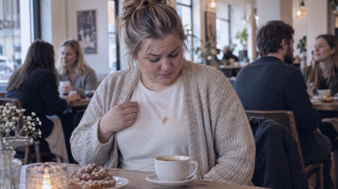 Nainen huomaa pienen kahvitahran paidassaan kahvilassa.
