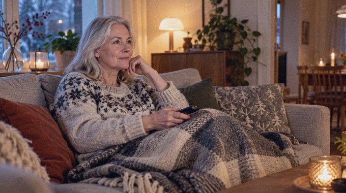 Hopeahiuksinen nainen katsoo televisiota sohvalla peitto sylissään.