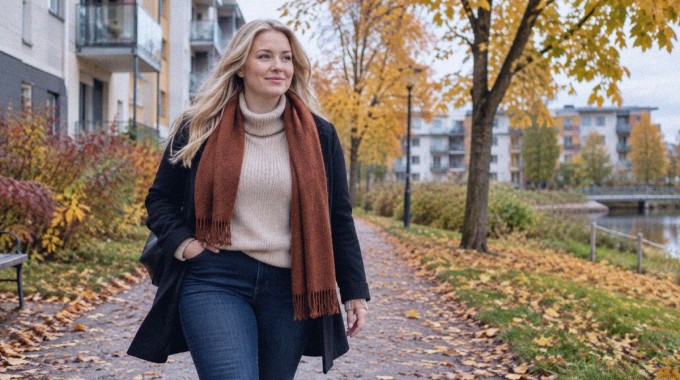 Nainen kävelee syksyisellä puistopolulla asuinrakennusten lähellä.