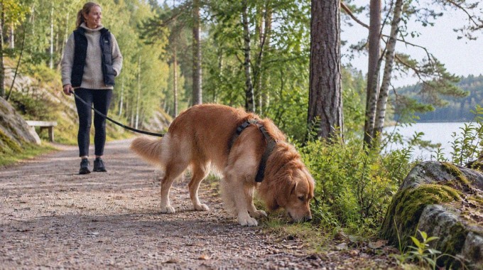 Koira haistelee polun reunaa omistajan odottaessa rauhallisesti.