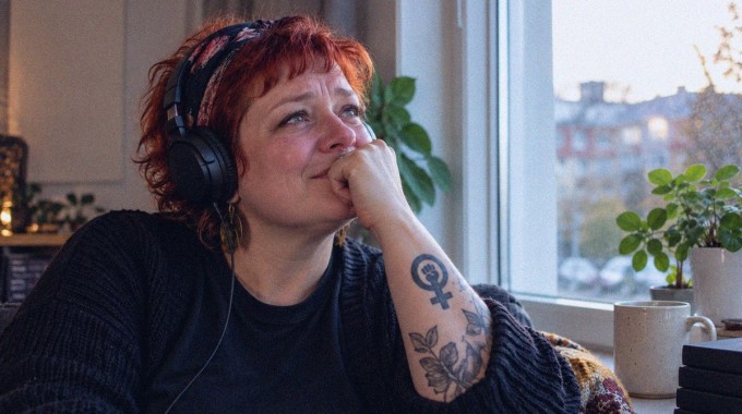 Nainen kuuntelee musiikkia liikuttuneena ikkunan vieressä.