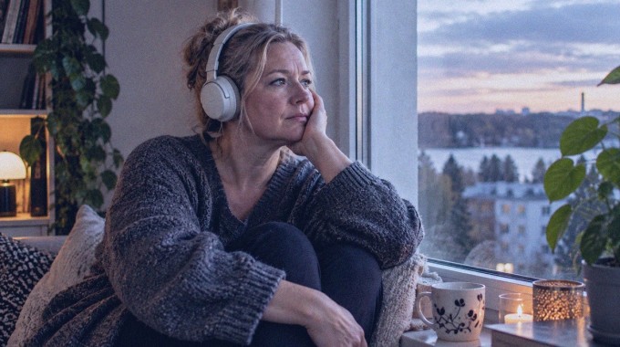 Nainen kuuntelee kuulokkeilla musiikkia asunnon ikkunan ääressä.