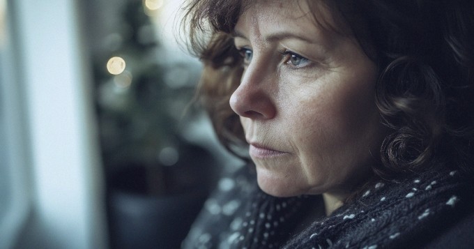 Aikuinen kirjoittaa rauhallisesti pöydän ääressä tumman ikkunan heijastuksen vierellä