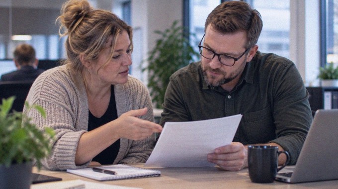 Kaksi työkaveria keskustelee asiakirjasta työpöydän ääressä.