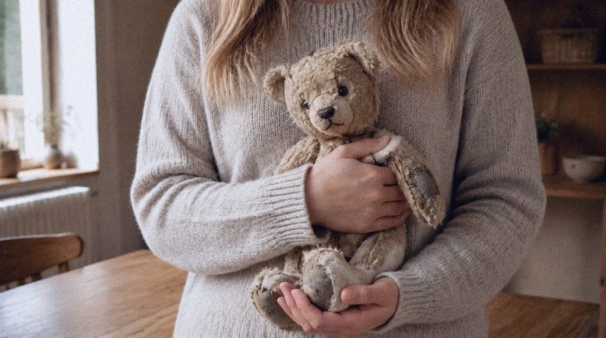 Aikuinen pitelee hellästi vanhaa ja kulunutta lapsuuden pehmolelua