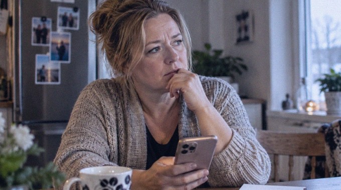 Keski-ikäinen nainen pohdiskelee puhelin kädessään.