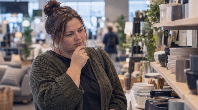 Nainen suorittaa valintaa kaupassa.