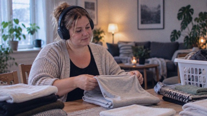 Nainen kuuntelee kuulokkeilla ja viikkaa puhdasta pyykkiä.