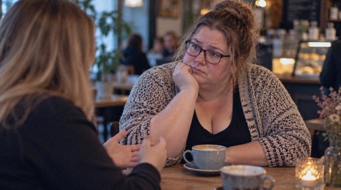 Nainen kuuntelee ystäväänsä mietteliäänä kahvilassa.