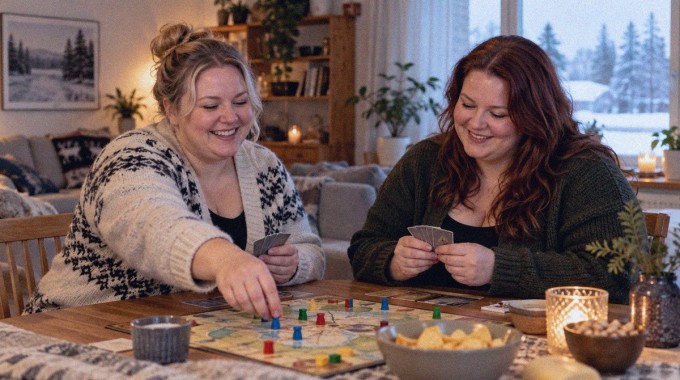 Naiset jakavat pienen iloisen pelihetken rauhallisessa kodissa.