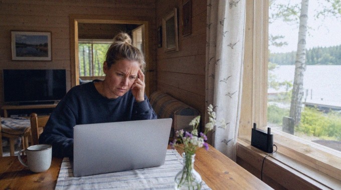 Etätyötä tekevä mökkeilijä käyttää kannettavaa tietokonetta ikkunan viereen sijoitetun mobiilireitittimen avulla
