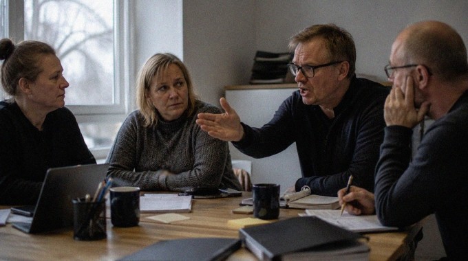 Keskustelua hallitseva ihminen puhuu työpaikan kokouksessa muiden päälle.