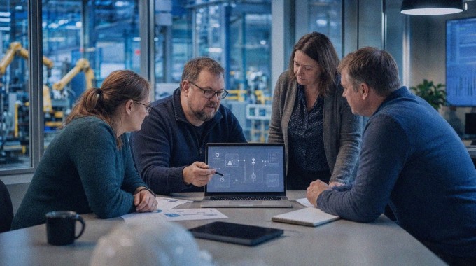 Ohjelmistoinsinööri ja yrityksen asiantuntijat rakentavat yhdessä tekoälyratkaisua kannettavan tietokoneen äärellä.