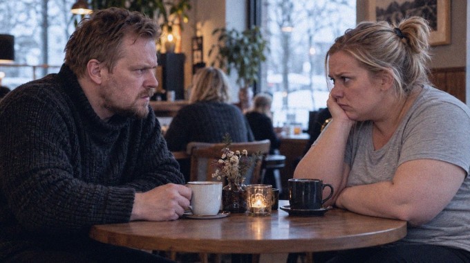Kaksi aikuista keskustelee vakavasti kahvilassa.
