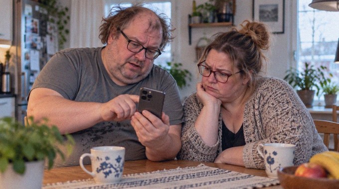 Mies näyttää kameran toimintoa pöydän ääressä istuvalle naiselle.