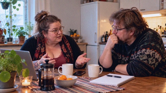 Pariskunta keskustelee viikonlopun suunnitelmista keittiön pöydän ääressä.