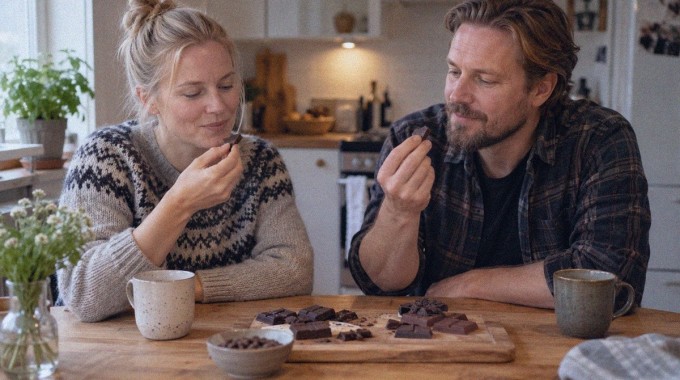 Kaksi aikuista maistaa suklaata saman keittiönpöydän ääressä.