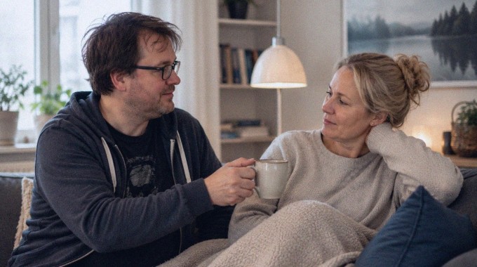 Mies osoittaa välittämistä kumppanilleen pienellä arkisella teolla kotona.