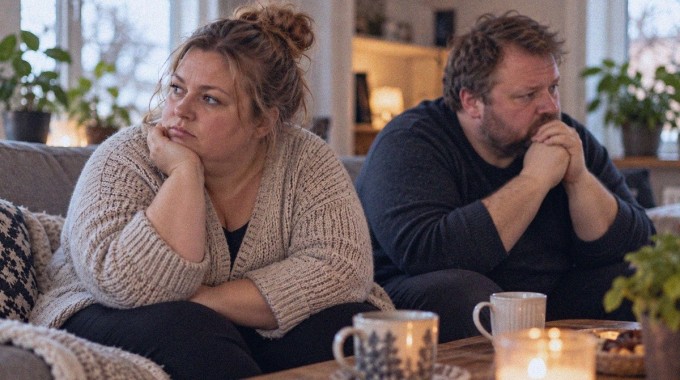 Pariskunta keskustelee olohuoneen sohvalla.