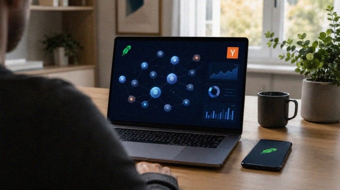 Sijoittaja tarkastelee tietokoneelta startup-rahaston abstraktia sijoitusnäkymää.