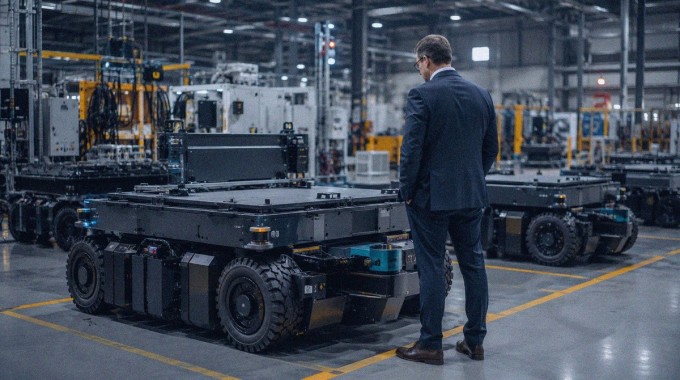 Liiketoimintajohtaja tarkastelee erikoistuneita teollisuusrobotteja modernissa tuotantotilassa.