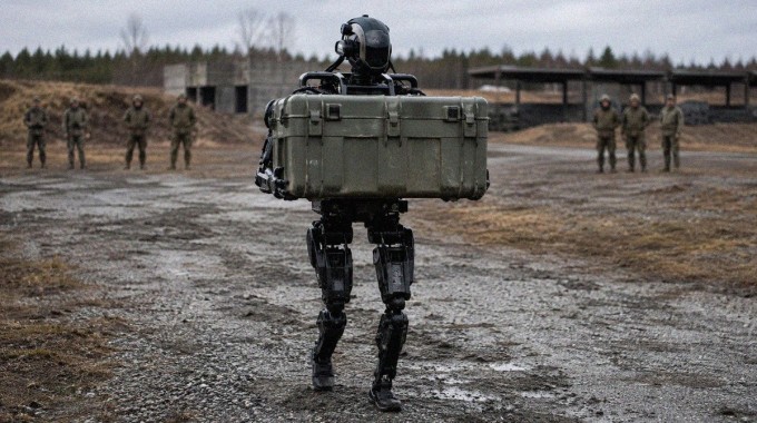 Musta humanoidirobotti kantaa varustelaatikkoa sotilaallisella harjoitusalueella.