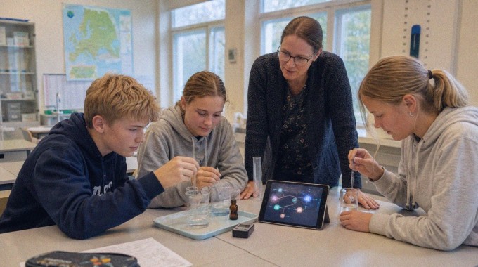 Oppilaat tekevät luonnontieteellistä koetta tabletin tukemina maaseutukoulun luokassa.