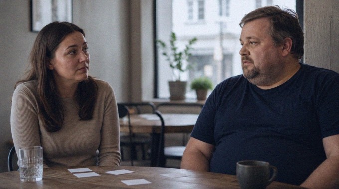 Kaksi ihmistä vastaa kysymyksiin hieman vaivaantuneilla ensitreffeillä kahvilassa