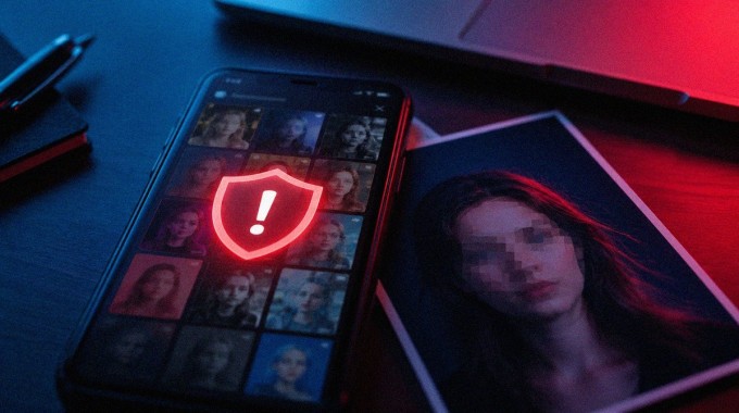 Älypuhelimen kuvankäsittelysovellusten ruudukon päällä näkyy digitaalista vaaraa kuvaava varoitusmerkki.