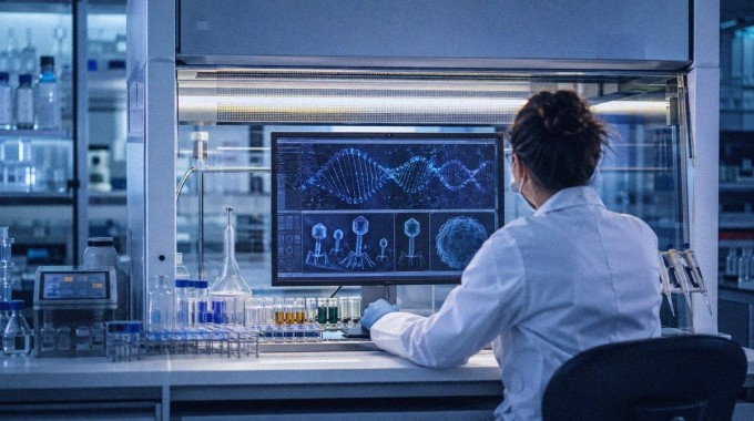 Tutkija tarkastelee tekoälyn suunnittelemaa DNA-rakennetta modernissa bioteknologian laboratoriossa