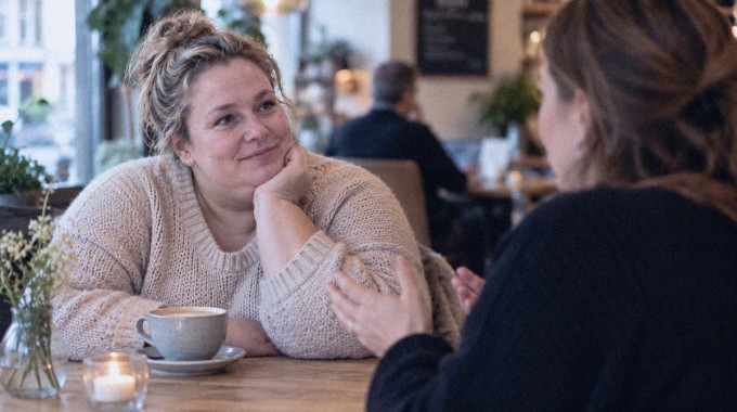 Nainen kuuntelee ystäväänsä rauhallisessa kahvilassa.