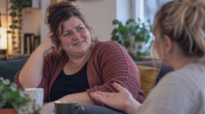 Nainen reagoi ystävän kommenttiin hämmentyneellä hymyllä.