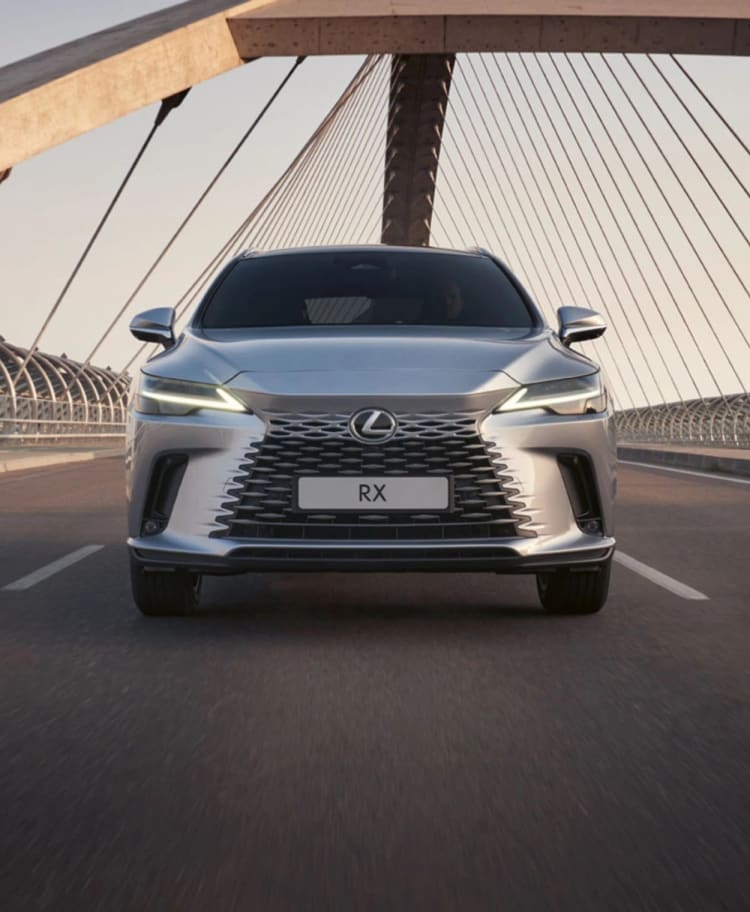Silberner Lexus RX von vorn auf einer Brücke.