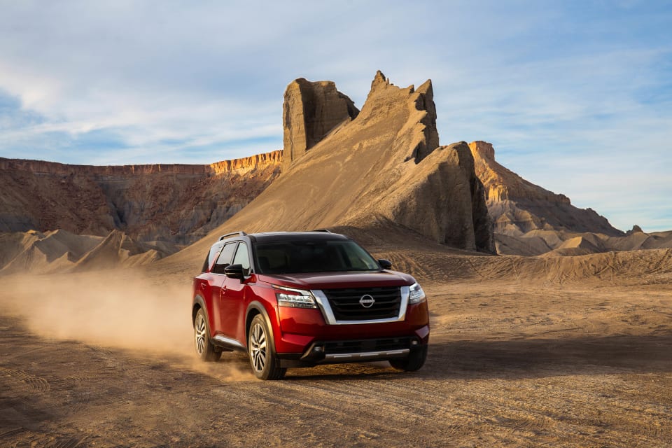 Nissan Pathfinder driving in a desert, impressive power