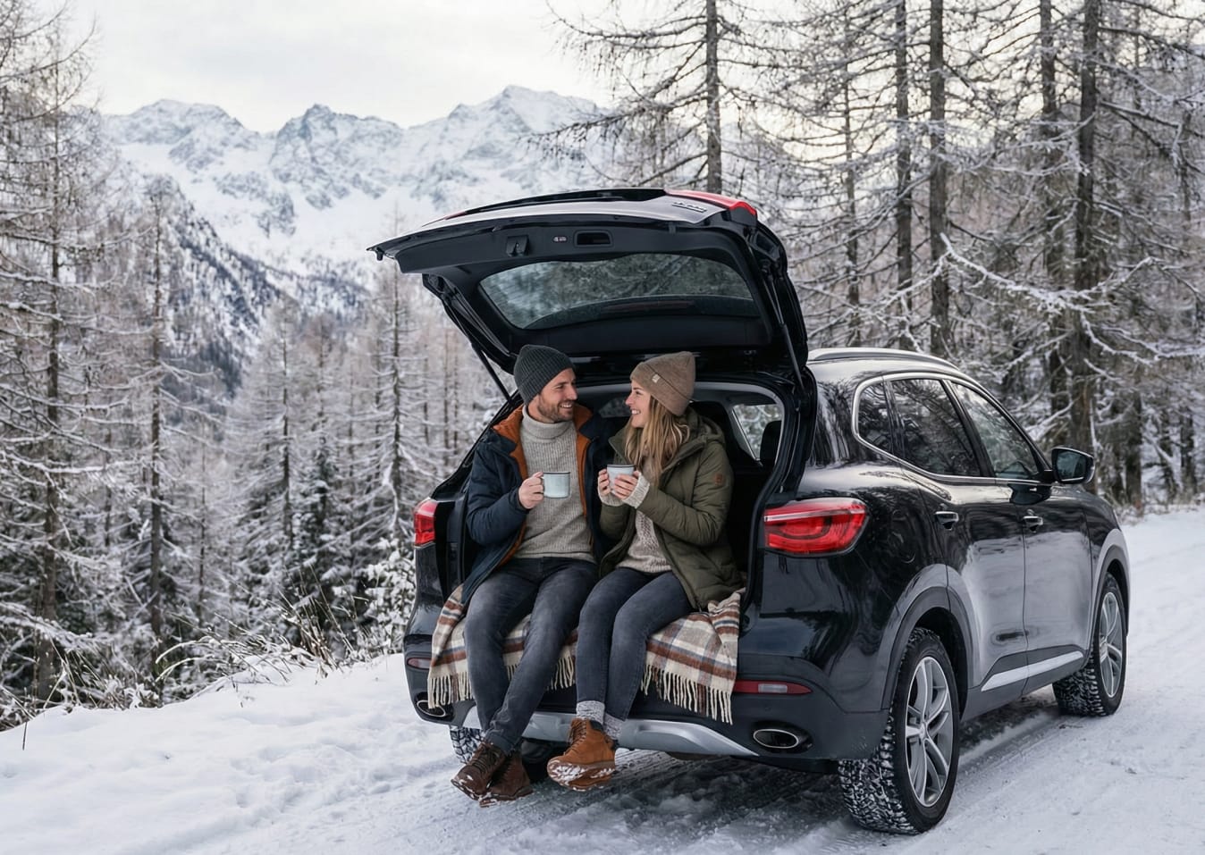 Ein Paar sitzt im Winter in einem FINN Auto.