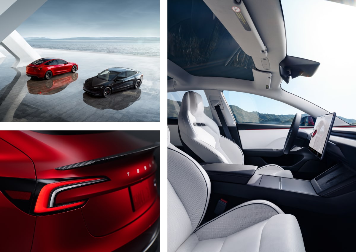 Das Exterieur und Interieur von einem Tesla Model 3.
