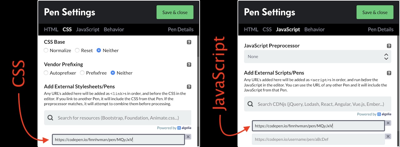 CSS and JavaScript tabs of Pen Settings