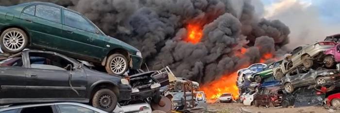 An image relating to the news item Firefighter injured battling large blaze in vehicle scrap yard 