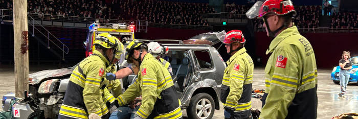 An image relating to the news item Fire and Rescue NSW delivers car crash simulations to ‘drive home’ safety lessons for teenagers 