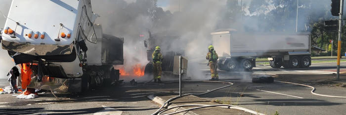 An image relating to the news item **VISION ALERT** Fire engulfs two trucks following head-on collision