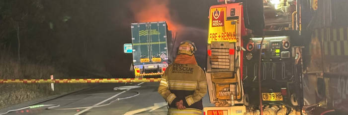 An image relating to the news item Marathon operation to extinguish burning semi, carrying Lithium-ion batteries